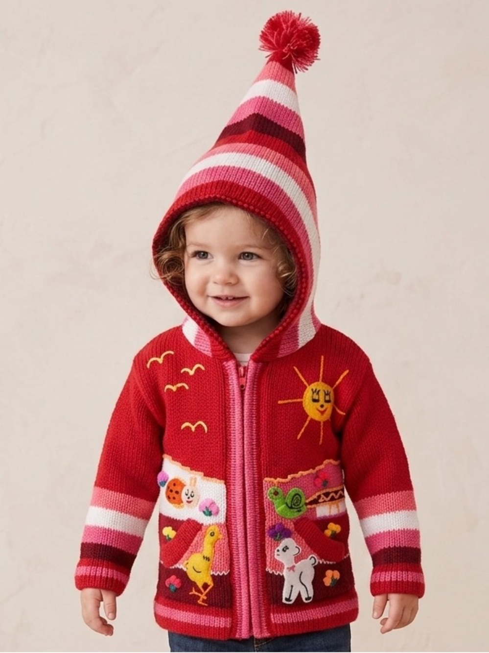 Kids‎ Red Hooded Zip up Knit Felt Sweater Pointed Hoodie Baby Toddler Size 24 2